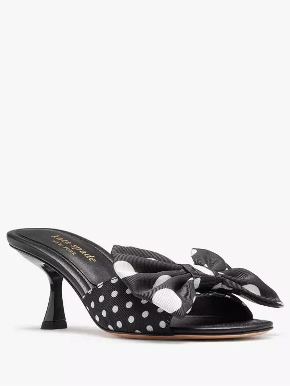 NEW Kate Spade Rue Breezy Dot Black White Bow Mule Kitten Heel Sandals Size 9.5